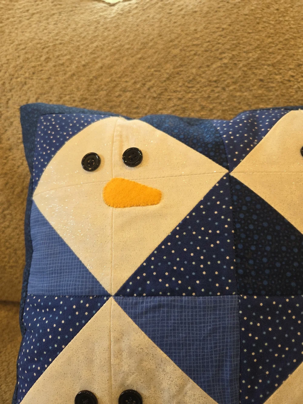Handmade Blue Snowman Patchwork Holiday Pillow 15x15